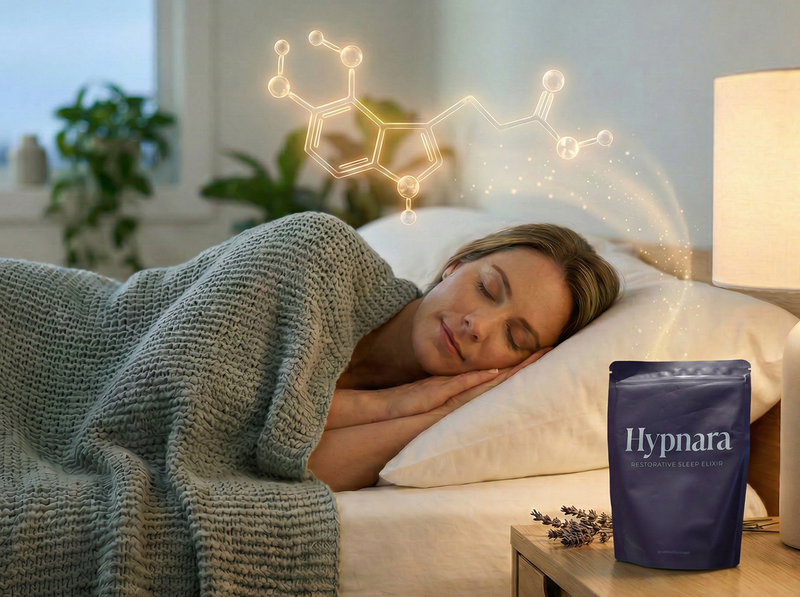 Woman sleeping in bed with a blanket, next to a pouch of Hypnara on a nightstand.